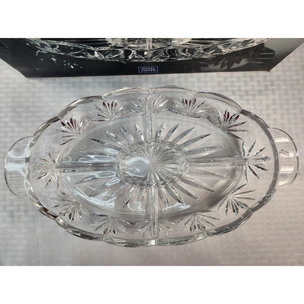Royal Limited Czech 24% Lead Crystal 16" Divided Relish Tray Center Dip Bowl